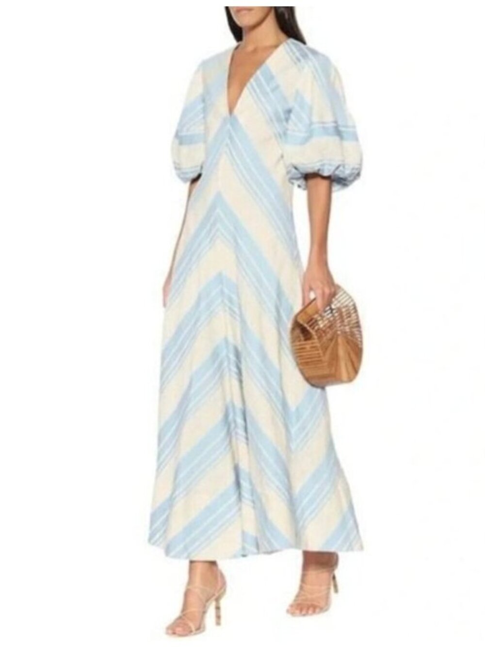 Lee Mathews Tilda Chevron Linen Blend Maxi Dress in Celadon Blue 4